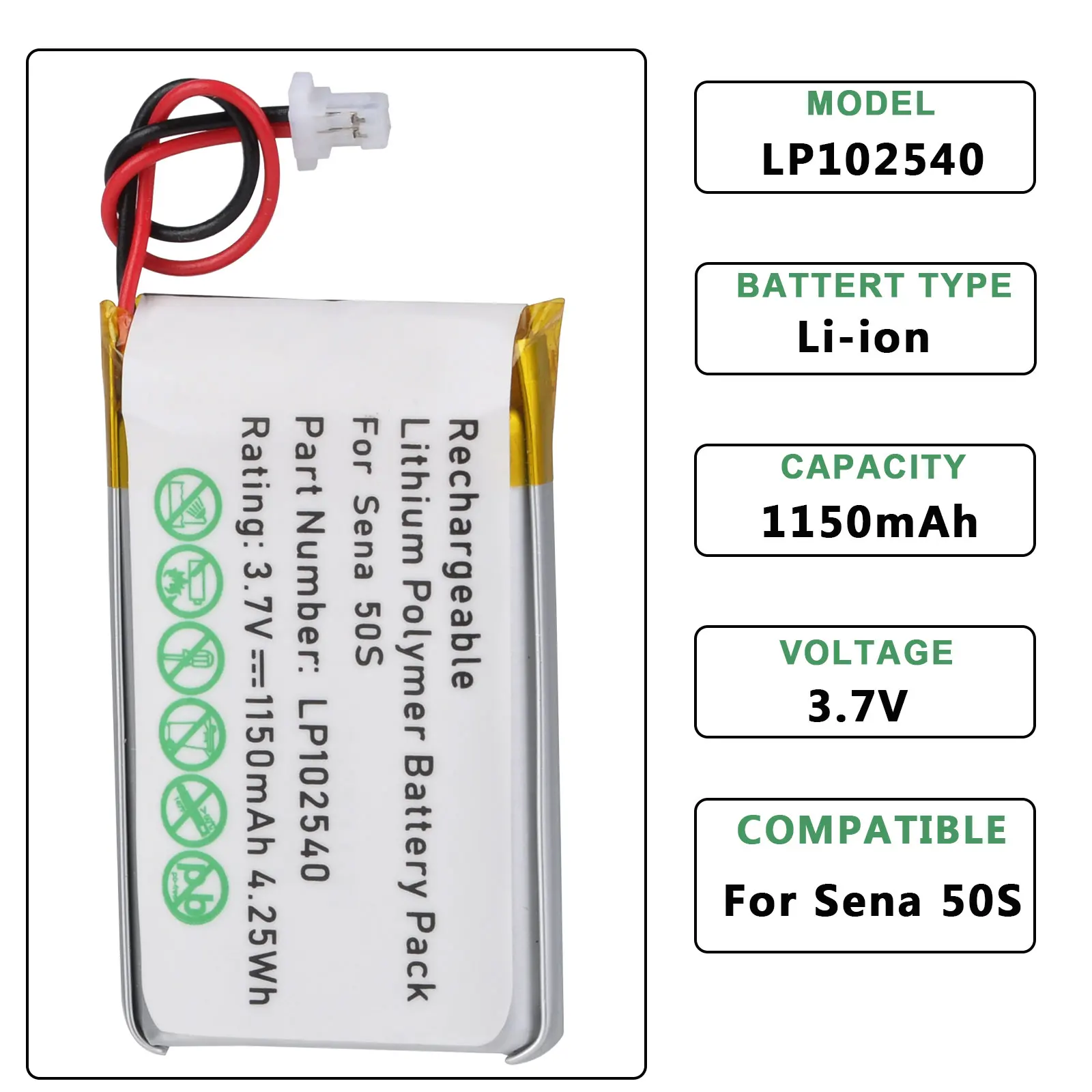 3.7V 1150mAh Replacement Battery For Sena 50S Motorcycle Bluetooth Headset Helmet Intercom LP102540