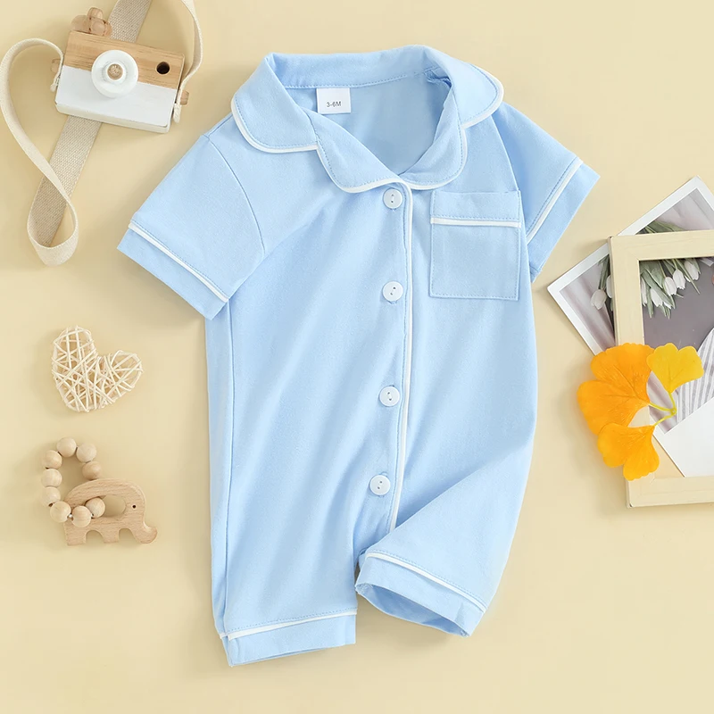 Newborn Baby Boys Girls Doll Collar Rompers Summer Short Sleeve Button Jumpsuit Infant Bodysuit 0-24M