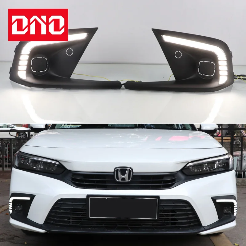 

Car LED 12V Daytime Running Lights For Honda Civic 2021 2022 2023 Yellow Turn Signal Night Blue Running Lamps Car Foglamps
