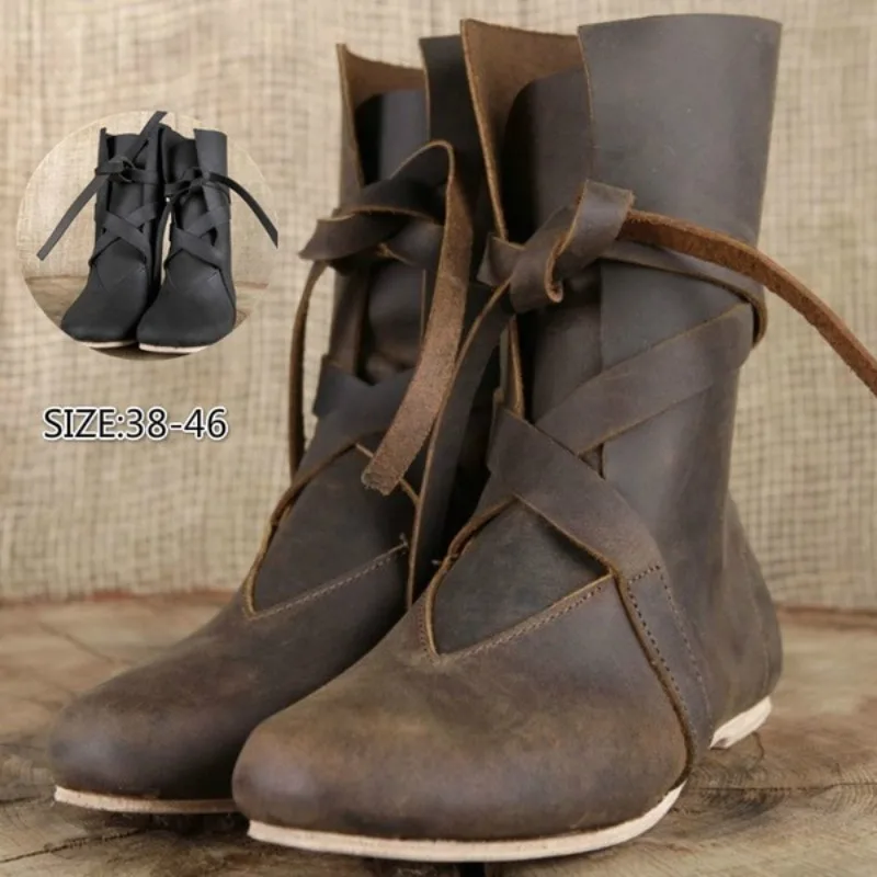 Retro Herrenschuhe im mittelalterlichen Rollenspiel-Stil, Schnürstiefel, Halloween-Party-Lederschuhe, Übergrößen 34-48, hochwertige Herrenstiefel