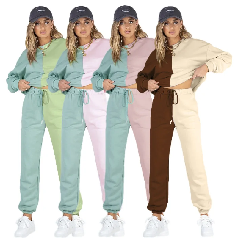 Tuta da donna tuta o-collo felpa Set da due pezzi donna primavera nuovi Set di pantaloni sportivi a vita alta Patchwork simmetrico femminile