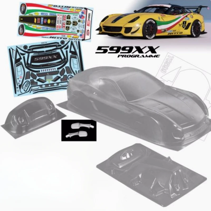 

TC599 1/10 Ferari 599xx RC Drift Body 190 мм с задним крылом + пряжки для фонаря/задние зеркала и наклейка лист наклейки