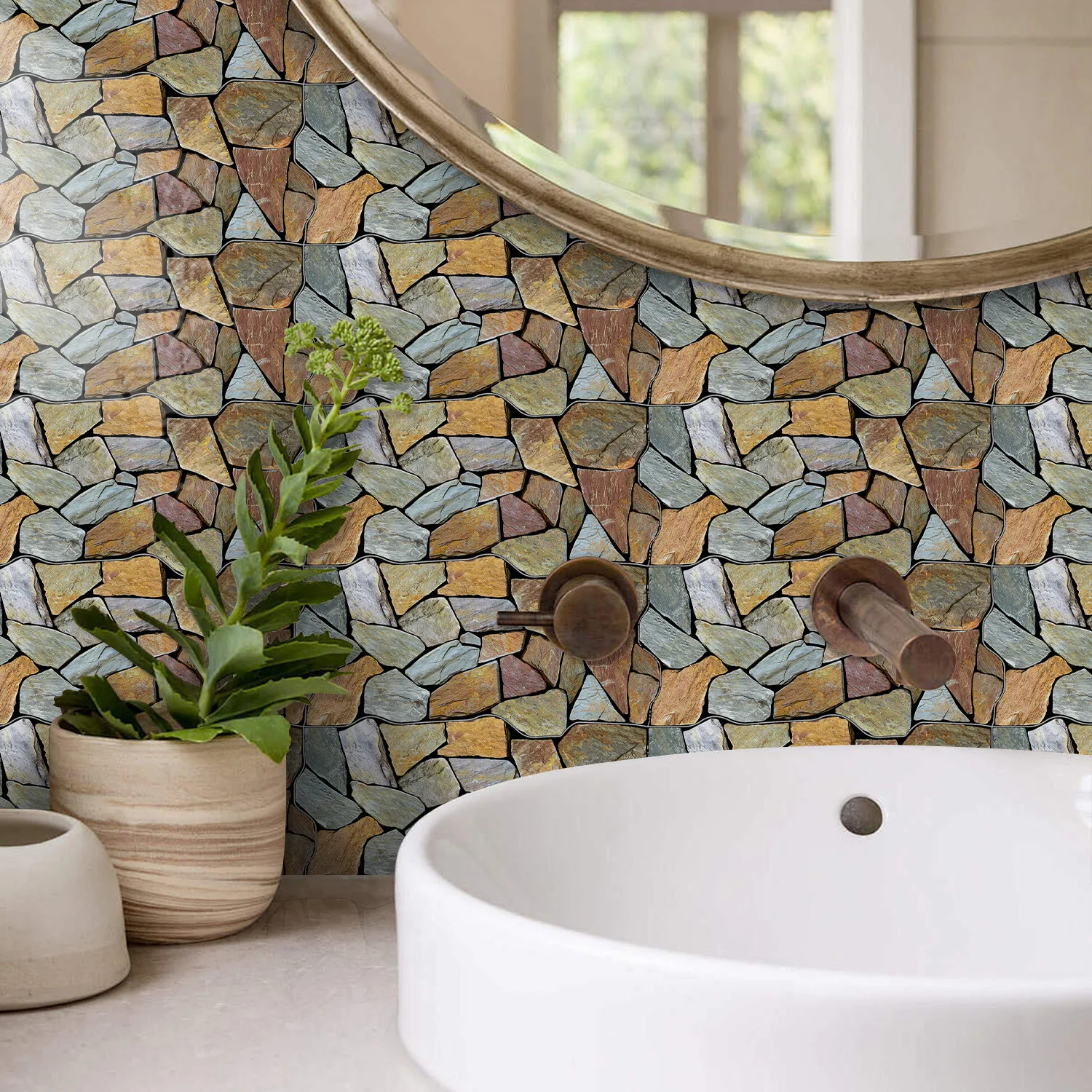Waterproof Wall Stickers Green Pebbles Special-Shaped Retro Tile Stickers Kitchen Living Room Self-Adhesive Waterproof Pvc Wall