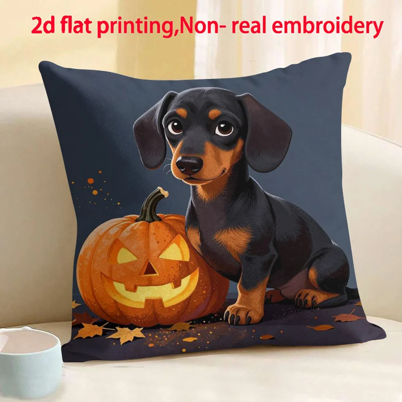 Dachshund Print Zipper Pillow Cover, Double Sided 2D Flat Polyester Cushion Case, Machine Washable for Sofa Bed Christmas New Ye