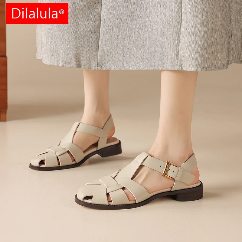 

Dilalula 2026 New Cow Leather Rome Style Women Sandals Low Heels Braided lady's Casual Sandals For Students Summer Walk Shoes