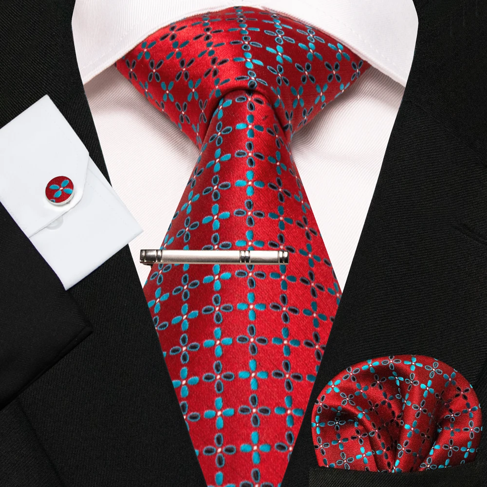 KAMBERFT Neue Klassische Seidenkrawatte für Herren Rot-Gold Gestreift Herrenkrawatte Taschentuch Manschettenknöpfe Set Hochzeit Business Party Gravatas – Detail 22