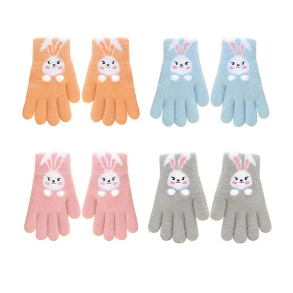 

High Elasticity Kids Five Finger Gloves Thickened Cartoon Child Cold-Proof Gloves Windproof Rabbit Knitted Mittens Outdoor