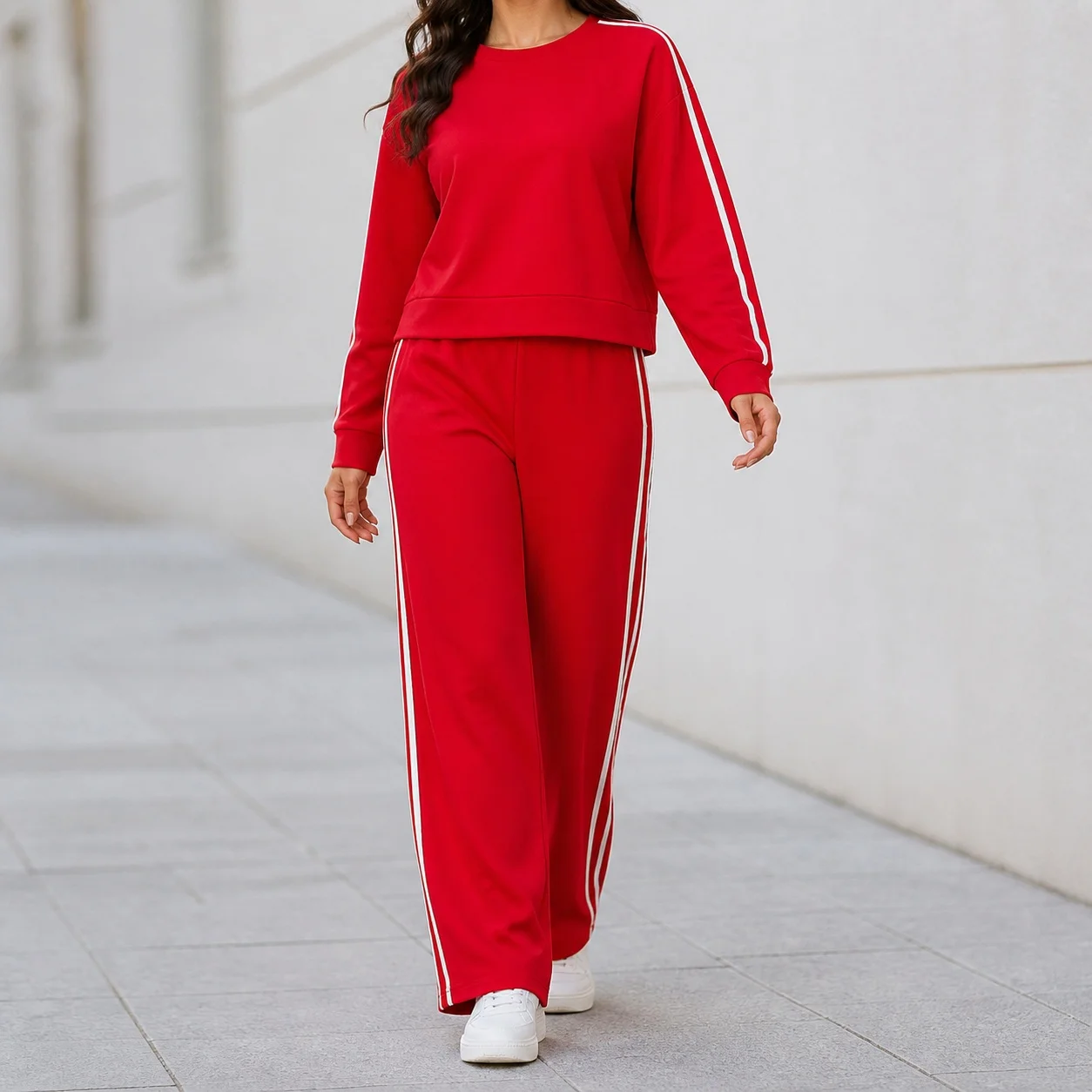 Women's Matching 2-Piece Long Sleeve Striped Sweatshirt with Pocket Round Neck Ribbon Trim Cotton Blend Casual Fall Winter Set