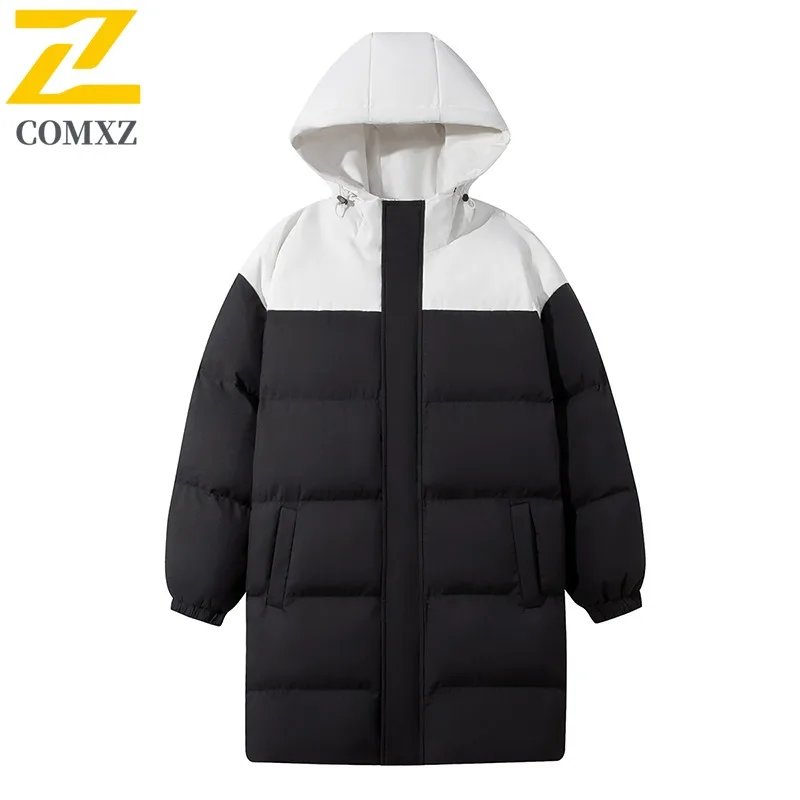 COMXZ 2025 Casaco masculino de algodão longo com capuz e bloco colorido inverno na altura do joelho grosso quente patchwork casaco leve