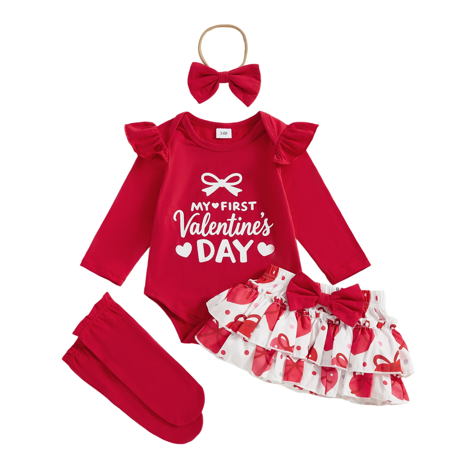 

Baby Girl First Valentines Day Outfits Letter Print Long Sleeve Romper Heart Tiered Shorts Bow Headband Long Socks