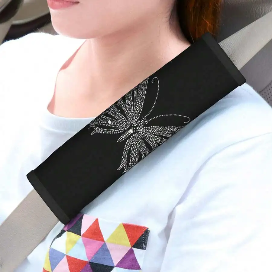 

Black Car Armrest Cover With Shiny Butterfly Pattern Polyester Soft Interior Accessory Universal Fit