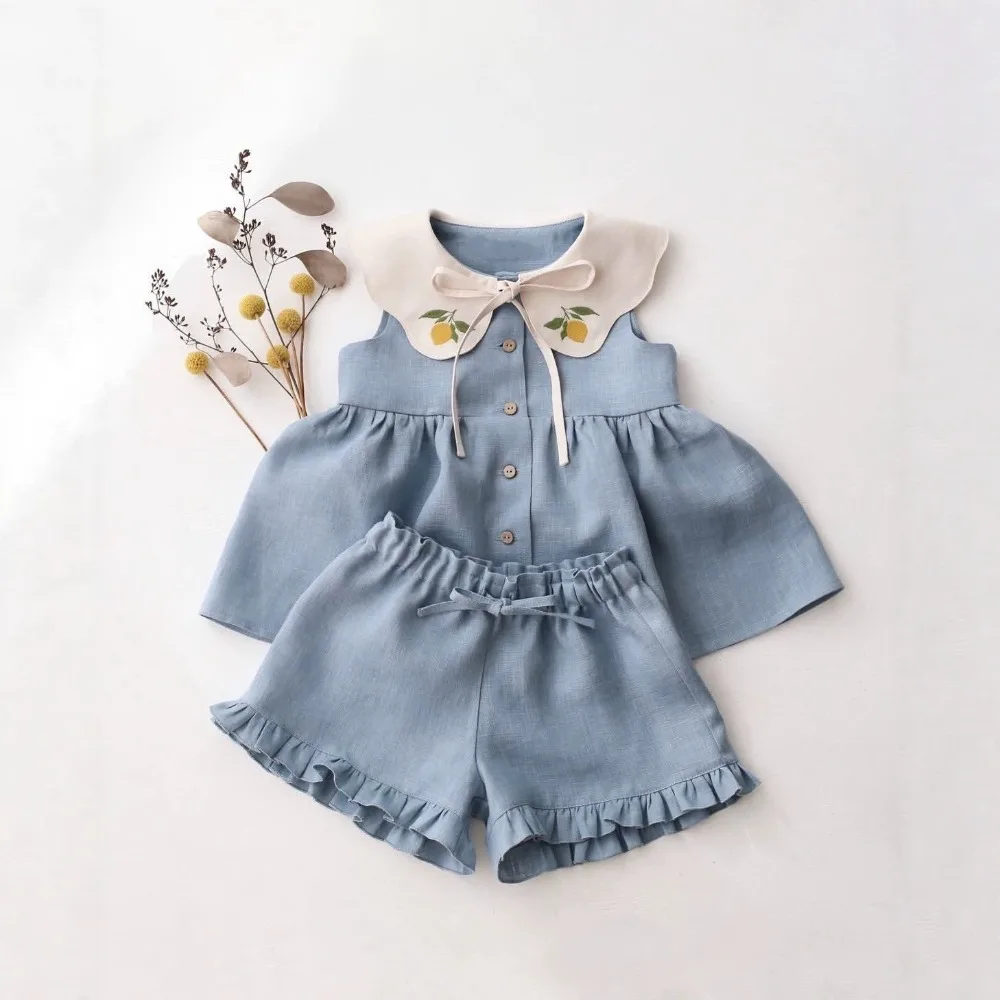 New Arrival Baby Girl INS Linen Co-ord Sleeveless Vest With Embroidery Neckline  Kids Frill Edge Shorts Two Piece Suit