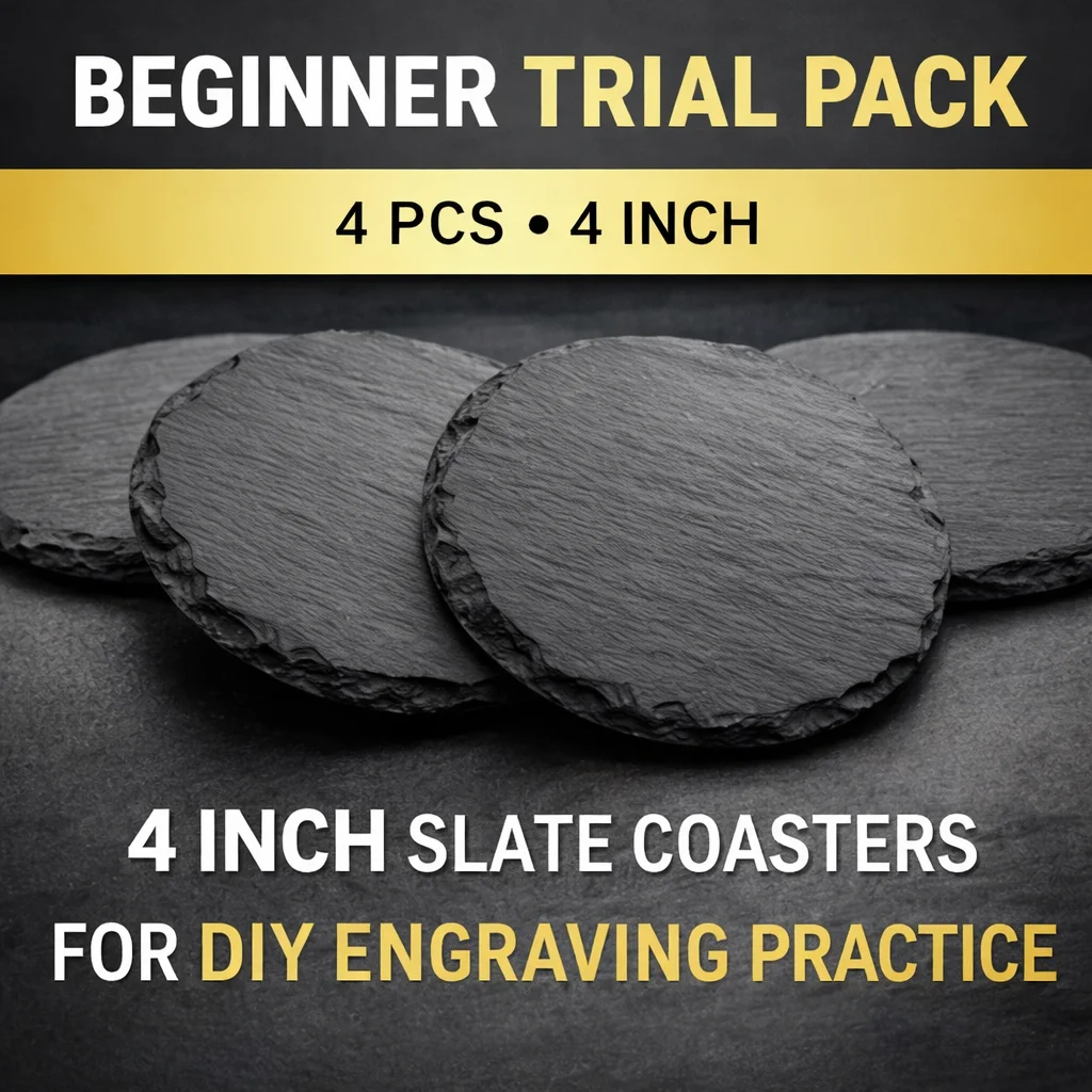 4pcs Slate Coasters Blank, 4 Inch Round Black Stone Coasters for DIY Laser Engraving, Beginner Craft Trial Pack