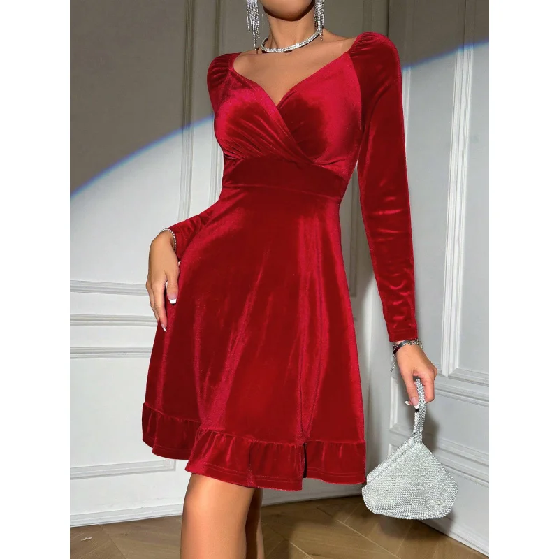 

Women's Elegant Red Dress Autumn Winter Fashion Versatile StylishVCollar Skirt