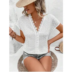 Women's Blouse White Lace Splicing Shirt Simple V Neck Tops Elegant Shirts and Blouses Deals Summer Youthful Woman Clothes 2024