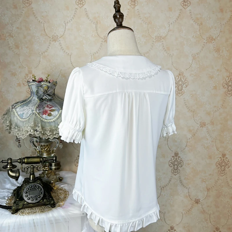 Fashion Lolita Doll Collar Lace Shirts 2024 Summer Short Sleeve Sweet Girl Solid Color Tops Feminine Single Row Multi-Buckle Top