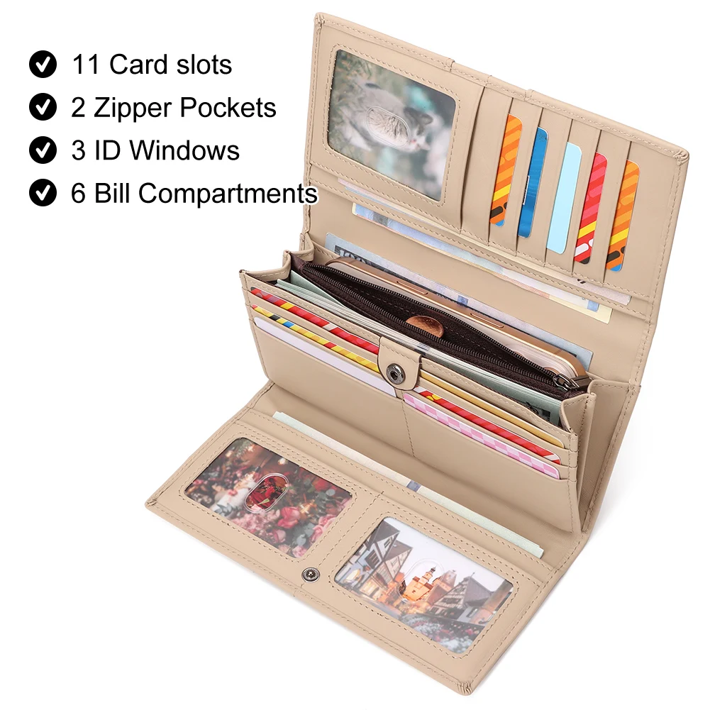 

KAVIS женские кошельки из натуральной кожи с несколькими отделениями для карт, сумка для денег, тройной кошелек с карманом для телефона, модный клатч Rfid Carteras