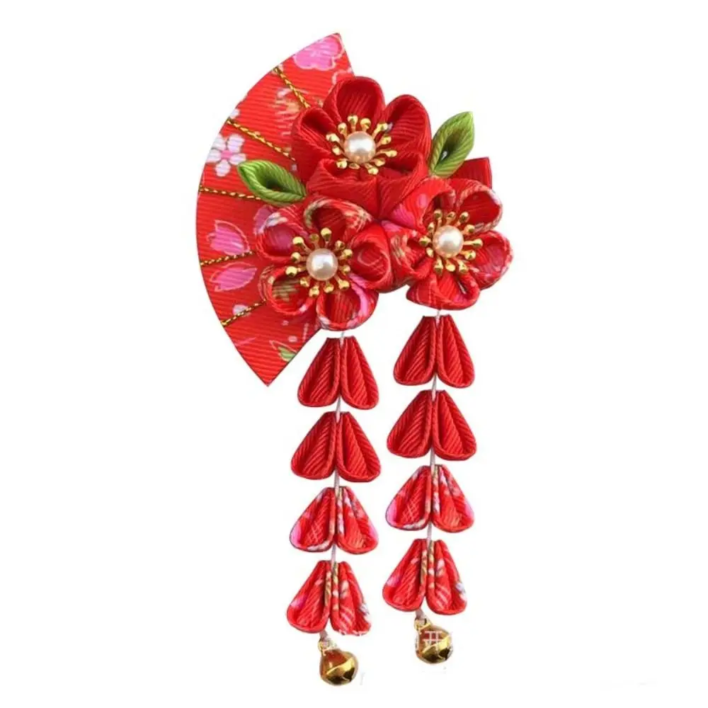 Lovely Tassels Tassel Fan Hairpin Flower Sakura Japanese Kimono Headwear Hanfu Fan Hair Clip Girl Hair Accessories Girls