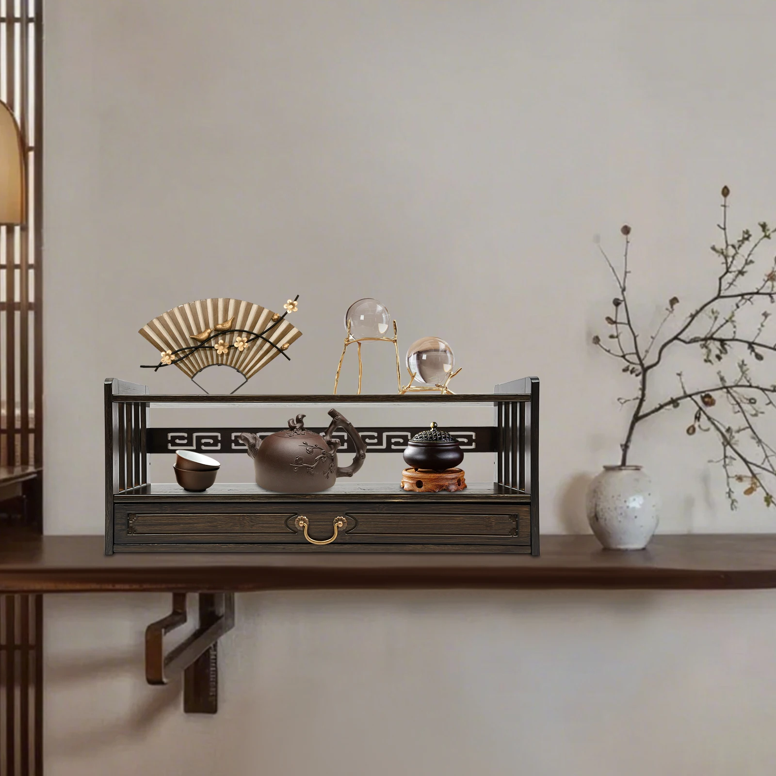 

Two-Tier Chinese Style Storage Table Walnut Meditation Altar Table w/ Drawer, Desktop Organizer Shelf, 69x25x28cm, Max Load 25kg