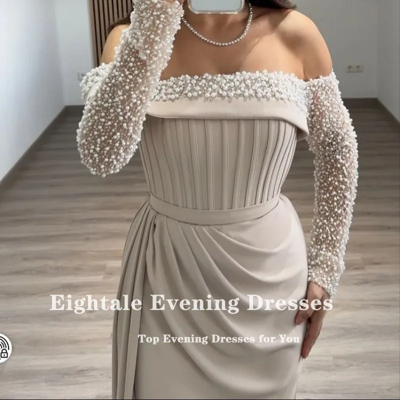 Suknia wieczorowa Eightale w stylu arabskim, muzułmańska suknia balowa, szyta na miarę, bez ramiączek, z długimi rękawami, zdobiona perłami, w kolorze szampana, suknia na przyjęcie weselne.
