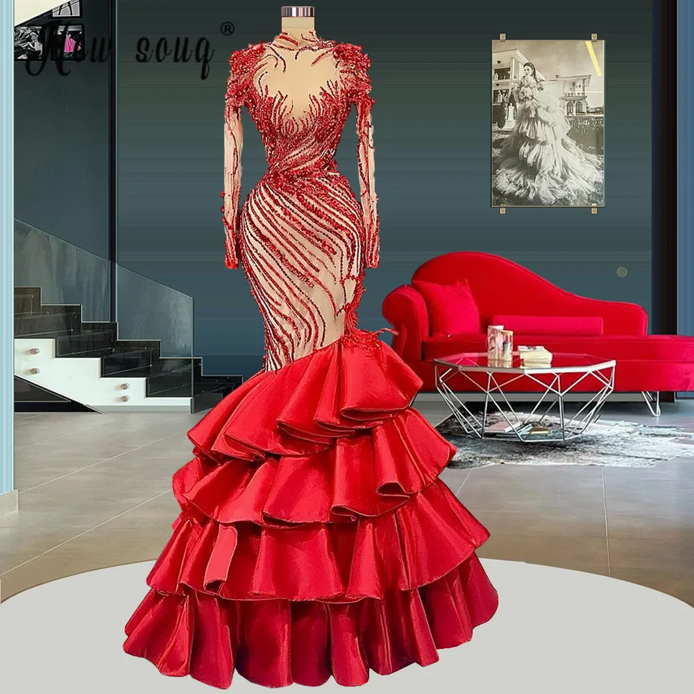 Red Mermaid Aso Ebi Evening Gowns Tulle Ruffles Tiered Muslim Long Sleeves Lace Beaded Handmade Flower Red Prom Dresses