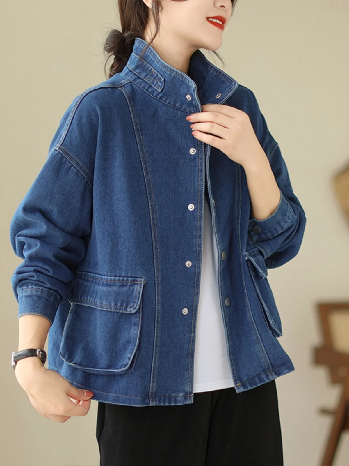 

Retro Casual Blue Denim ort Jaet Women's Spring Autumn Loose Large Size Tee Dimensional ket Long Sve Cardigan Top