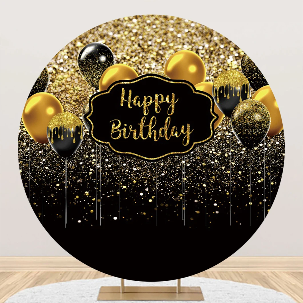 Adult Happy Birthday Round Photography Backdrop Cover White Gold Glitter Balloon Circle Baby Shower Photo Background Studio Prop