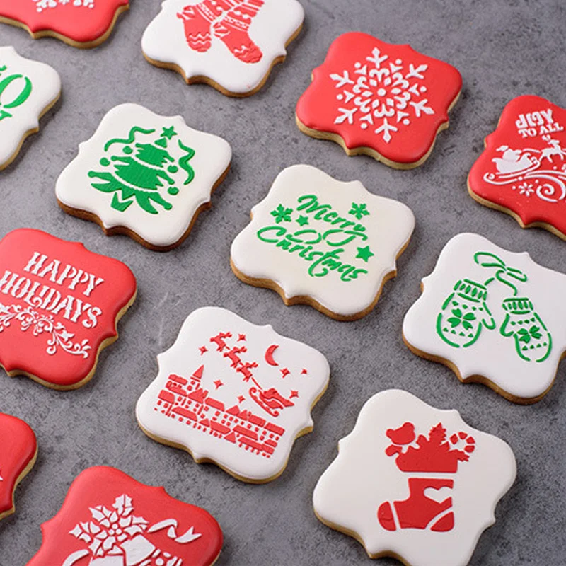 Merry Christmas Cookies Stencil Hollow Coffee Art Template Frosting Biscuits Mold Fondant Cake  Mold Decorating Tools Bakeware