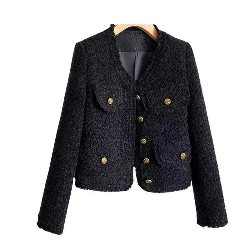 Black little fragrance coat short 2023 new spring and autumn thin tweed long sleeve top jackets for women