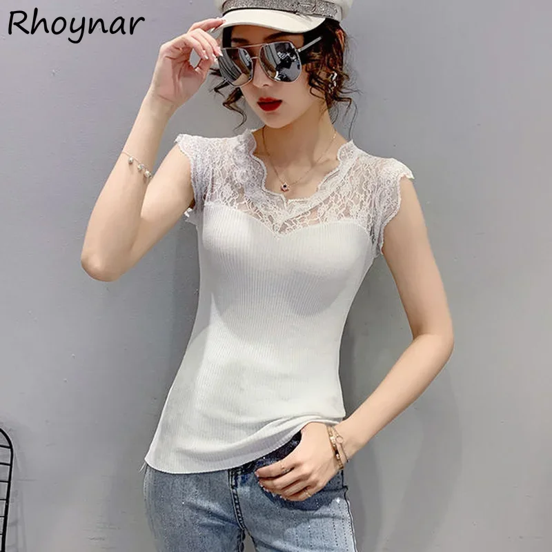 

Tanks Women Lace Patchwork Fashion V-neck Sexy Tender Cozy Simple Slim Korean Style Summer Топ Женский Leisure All-match Chic