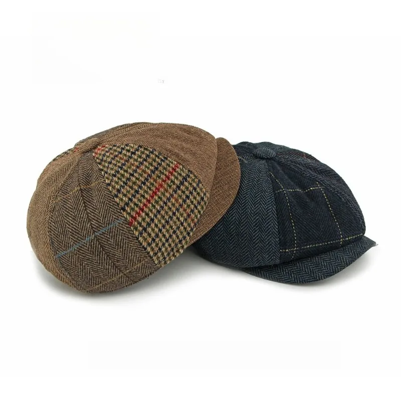 Spliced Herringbone Tweed Newsboy Cap British Plaid Patchwork Ivy Cap Vintage Gatsby Hat Autumn Winter Warm Driving Beret Hat