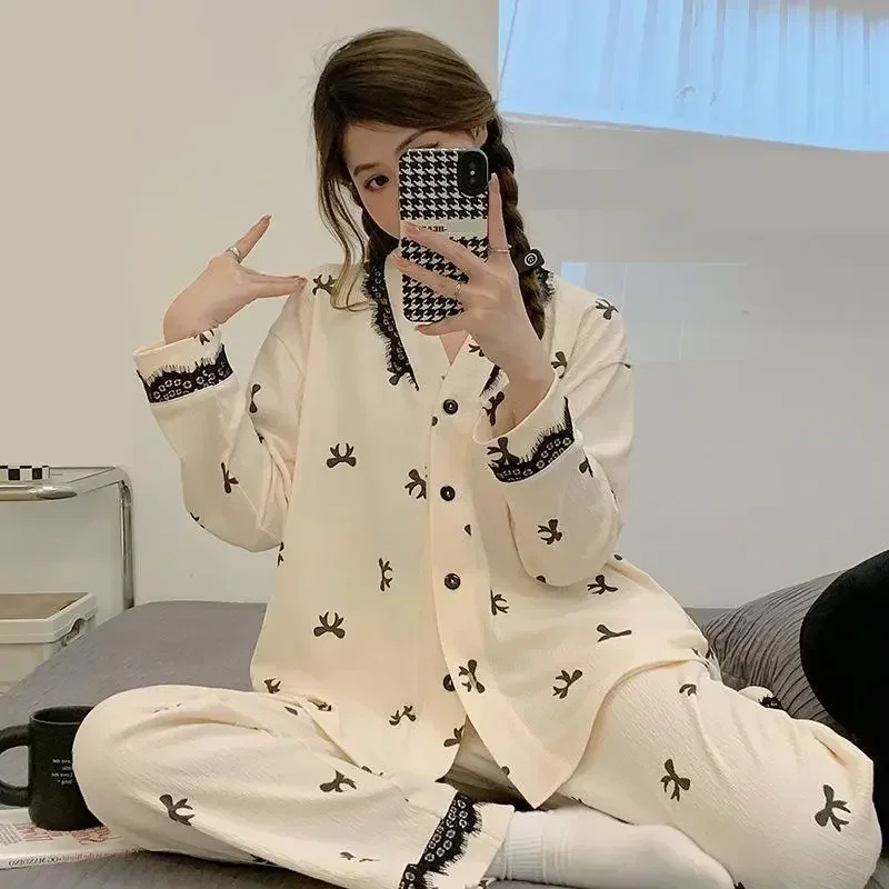 Рубашка Брюки Ночная рубашка Пижамы с v-образным вырезом Пижамы Кружевной комплект для сна Весенняя женская одежда для сна с рукавами Пижамный костюм Длинный комплект нижнего белья