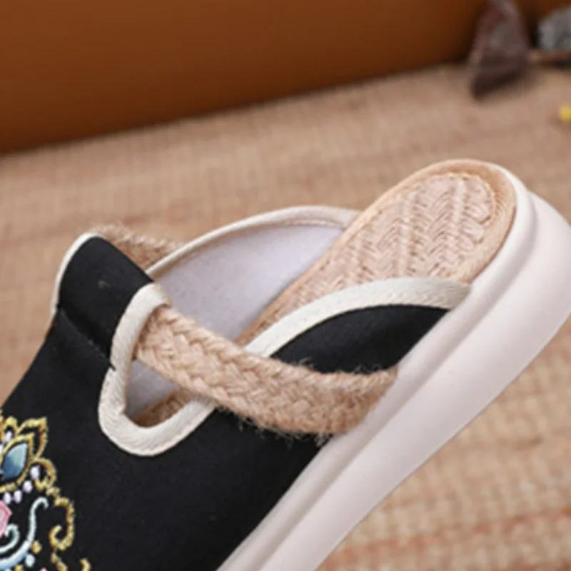 Женские летние тапочки с широким круглым носком и вышивкой, дышащие сабо в стиле ретро, уличная танцевальная модельная обувь, льняная обувь из конопли для отдыха