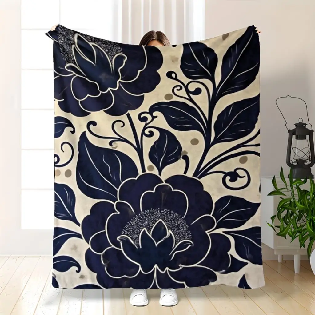 1pc Navy blue floral pattern blanket, polyester fabric, machine washable, suitable for sofas, beds, and home décor.