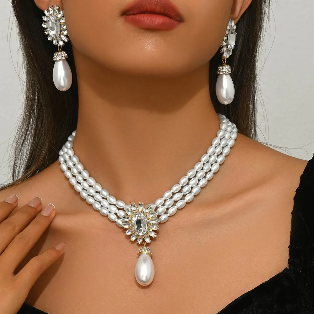 

Elegant Multi - Layer Pearl Jewelry Set Necklace and Earrings