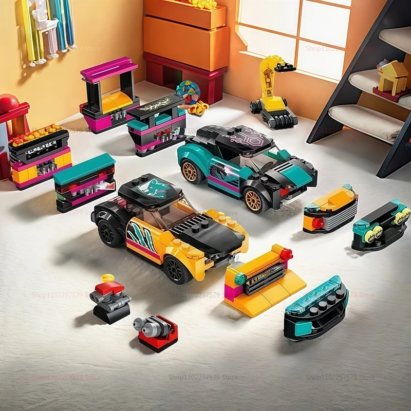 Neue Bausteine City Car Modifikation Reparaturstation 4S Shop kompatibel mit 60389 zusammengebauten Rennspielzeug Kindergeschenke