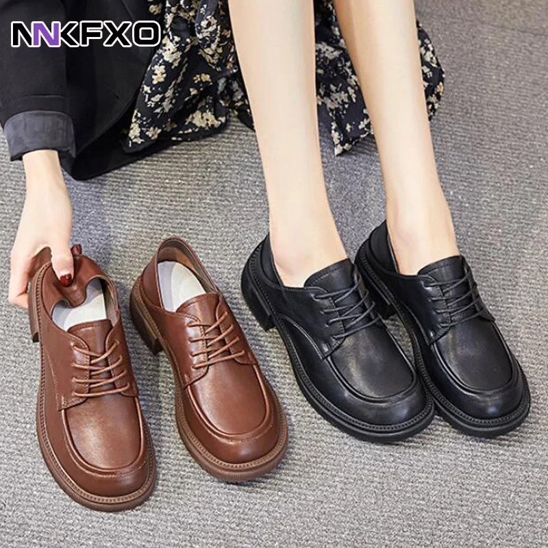 

Womens Plus Size 43 Leather Shoes 2023 Spring Autumn Lace Up Women Flats Vintage Round Toe Casual Shoes Loafers vc5246