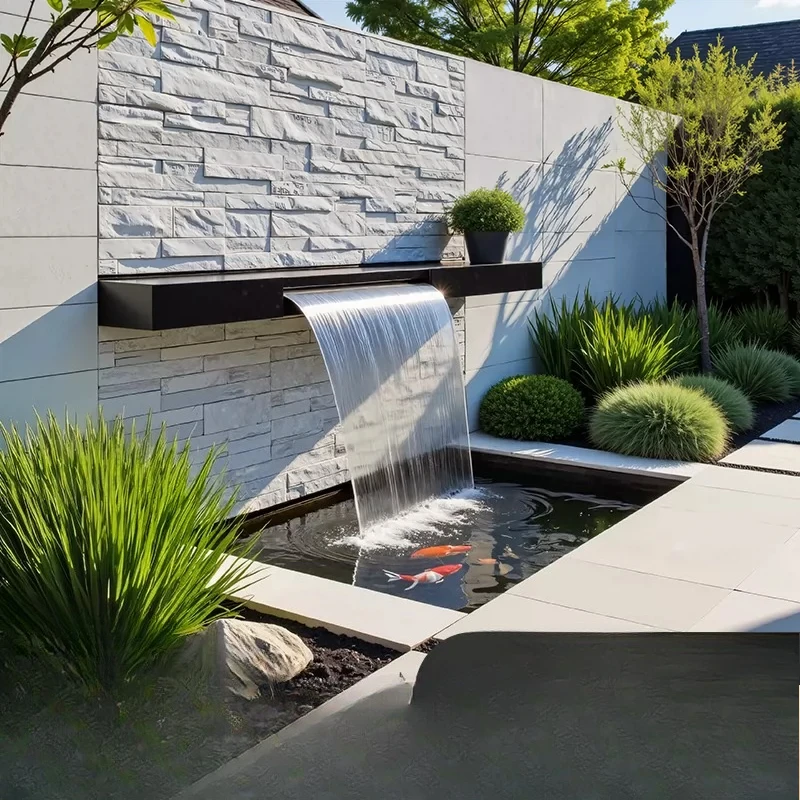 Stainless steel waterfall, water outlet courtyard, flowing fish pond landscaping, water curtain wall