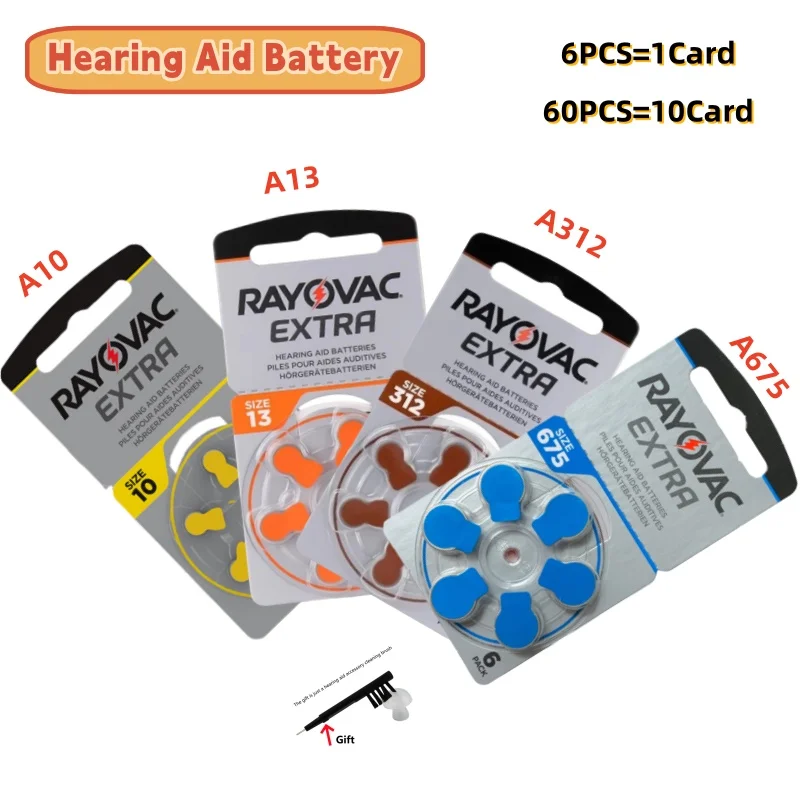 

60PCS Profesional Hearing Aid Batteries Rayovac Extra A10 A13 A312 A675 Zinc Air 1.45V Battery For Hearing Aids