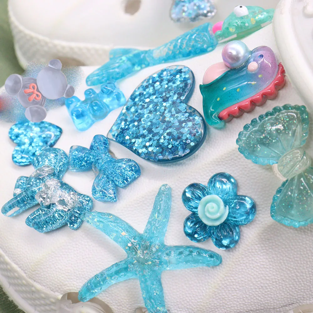 Hot Sale 1-16pcs Resin Shoe Charms Blue Moon Bear Fish Flower Heart Candy Accessories DIY Shoes Decoration For Kids X-mas Gift