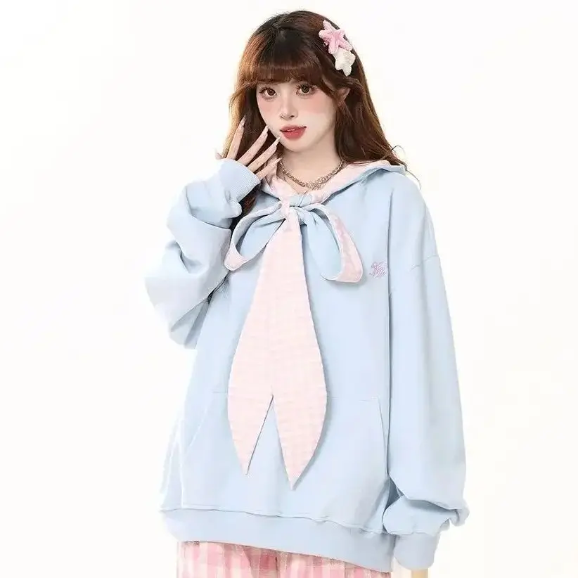 

Japan Lace-Up Bow Plaid Sweatshirt For Women In Early Spring And Autumn Unique And Beautiful Style Hooded Jacket Top