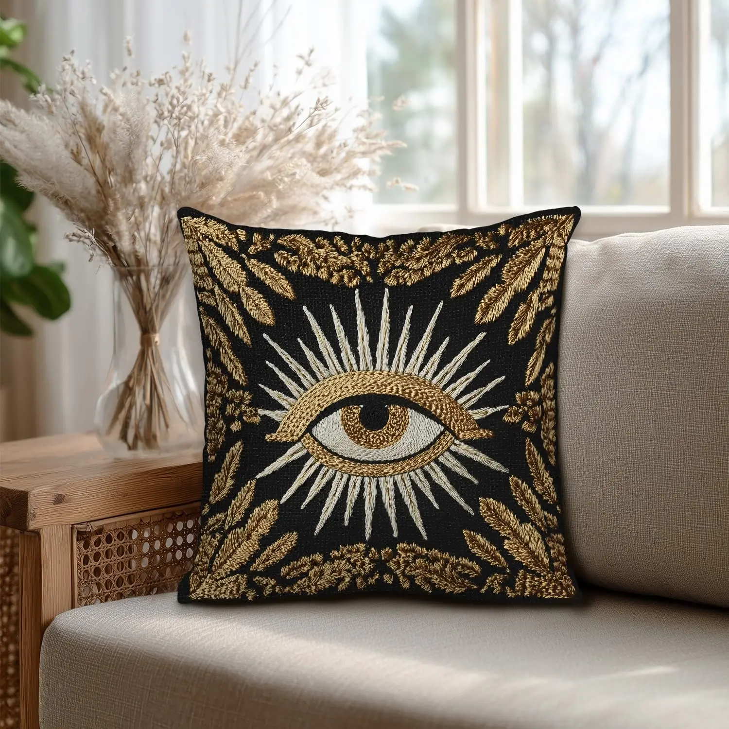 Printed pattern Mystical All Seeing Eye Pillowcase Boho Wiccan Spiritual Cushion Cover 18x18 Inch Black Gold Home Decor Gift