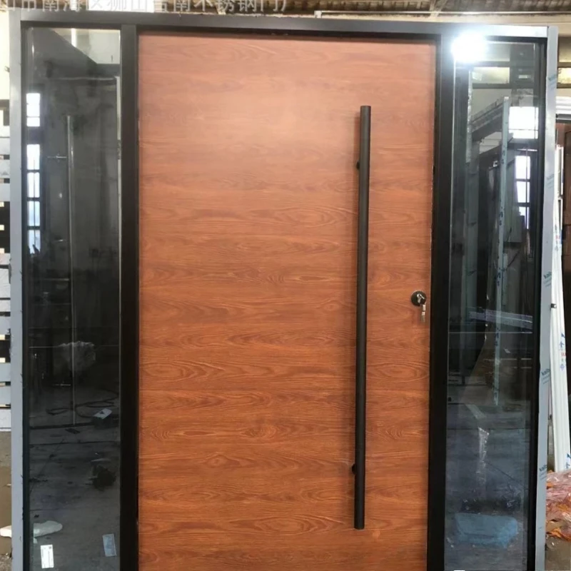 Cast aluminum villa double open off-axis door central axis entry glass wood grain door