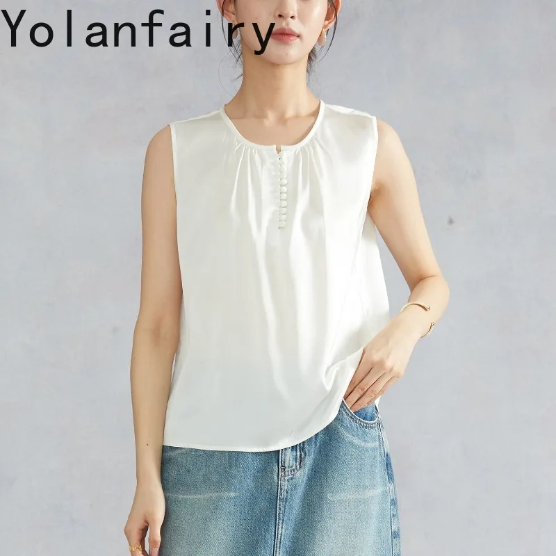 YOLANFAIRY Women 19 Momme Stretch Satin Silk Vest 90% Mulberry Silk Sleeveless Top  Elegant Blouse OL Tank Tops Woman Clothes