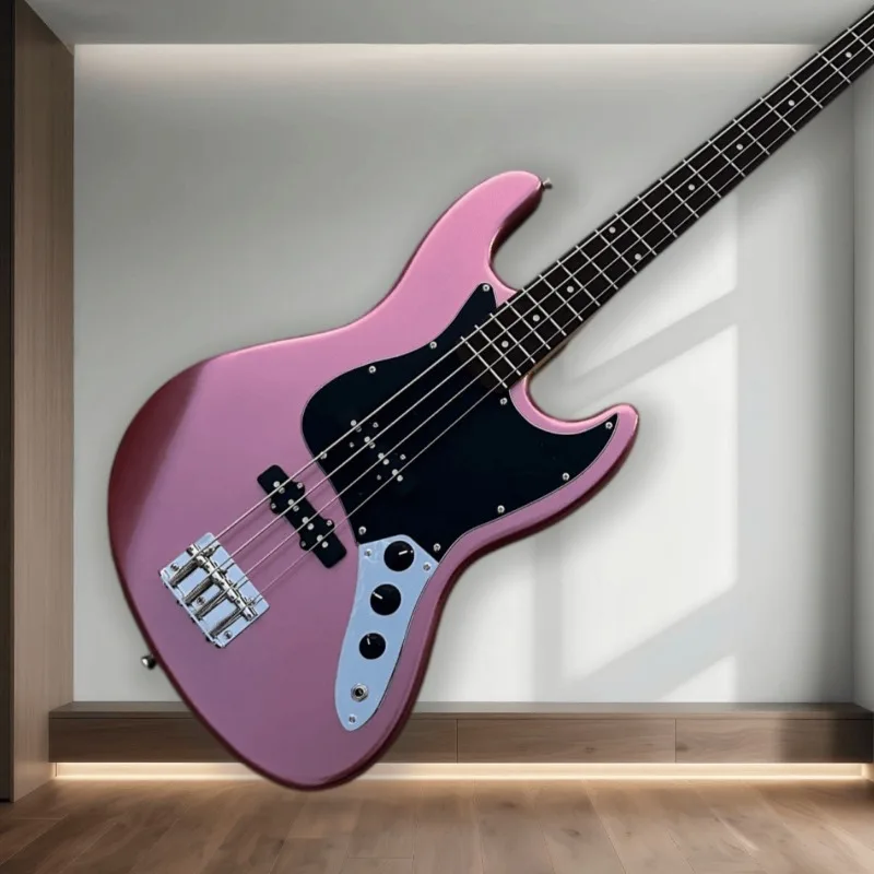 Hot Sales JB Style Electric Bass Guitar Metallic Pink Gloss Finish Black Pickguard 4 String Bass Beginner Unisex Performance