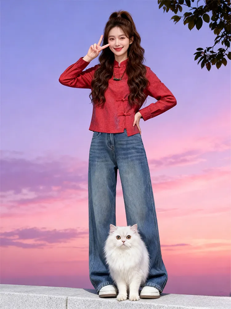 

Red Chinese Sle Long Sve round Ne irt Women Pure Color Heavy Work Irregular Top Faionable Casual Wear for Middle-A...