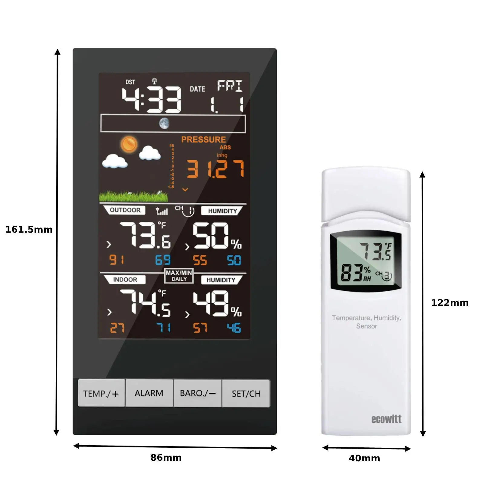 Ecowitt WN2810 Weather Station, Wireless Color Forecast LCD Dispaly with 1 WN31 Remote Thermometer & Hygrometer Sensor for Home