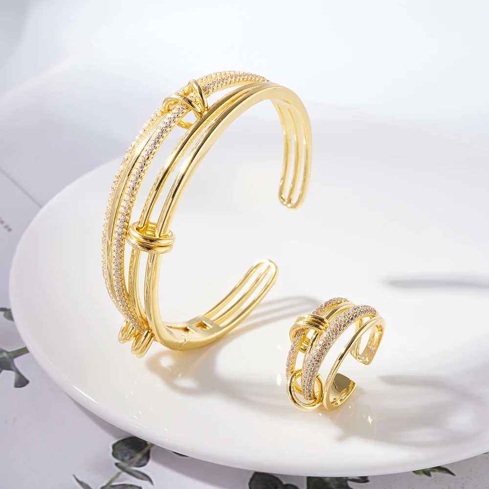 InJewelife Multi Layer Knot Cubic Zirconia Bangle Ring 2Pcs Jewelry Set Women Silver Color Open Cuff Bracelet Adjustable Ring We