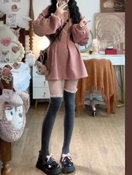 Autumn Winter Y2k Long Sleeve Midi Hoodies Dress Women Korean Fashion 2000s Aesthetic Tunic Frocks Solid One-Piece Dress 2024