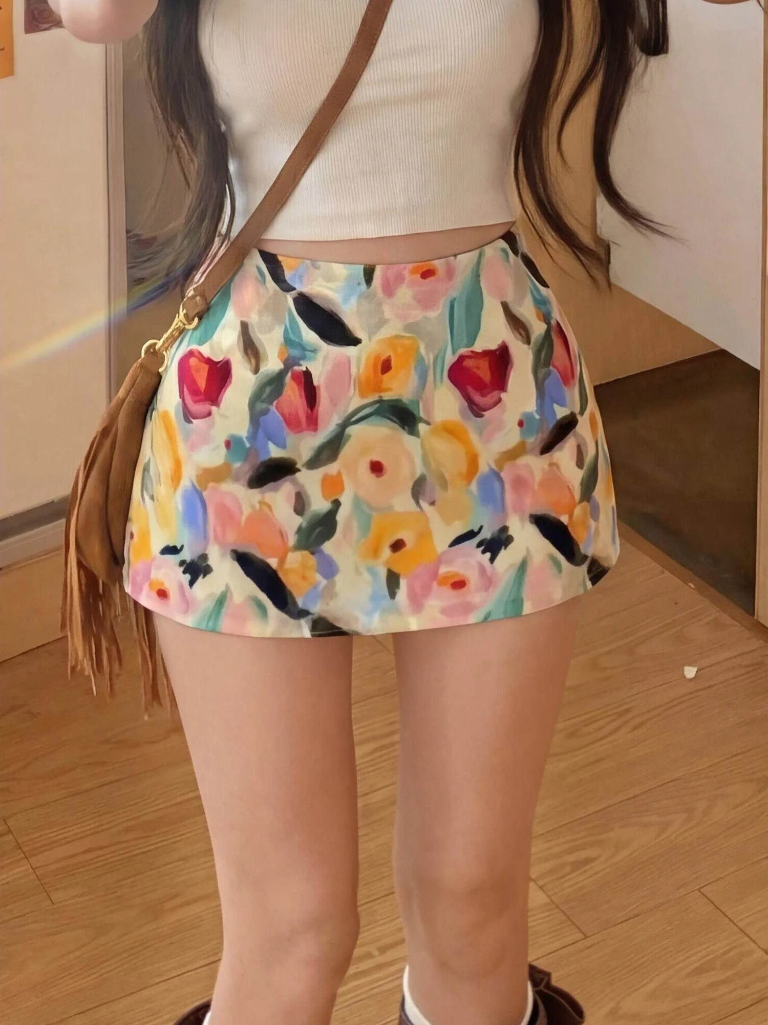 

Retro Oil Painting Floral Print Halter Skirt Women's Summer New Style Short Flower Wrap around Skirt High Waist